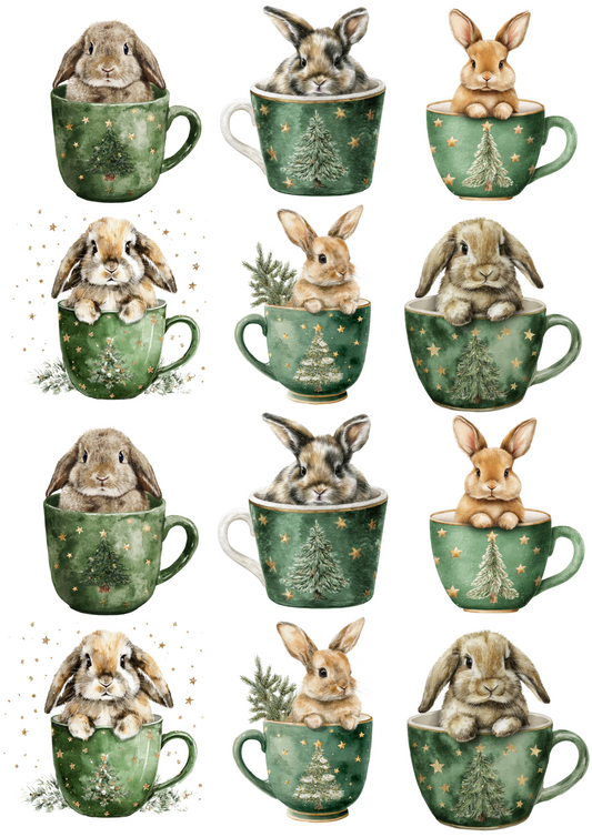 Rice Paper For Decoupage Bunny in a Cup Collage Cat. No. 5117