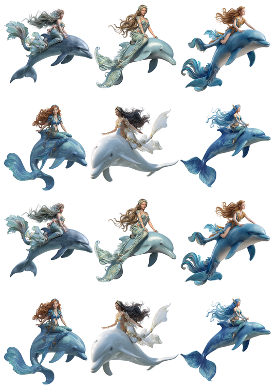 Rice Paper For Decoupage Mermaids on Dolphins Collage Cat. No. 5129