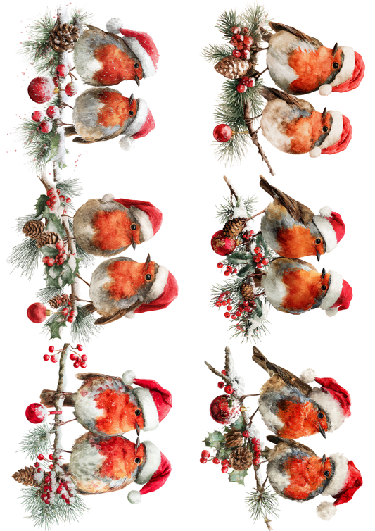 Rice Paper For Decoupage Red Robin In Christmas Hat Collage Cat. No. 5134