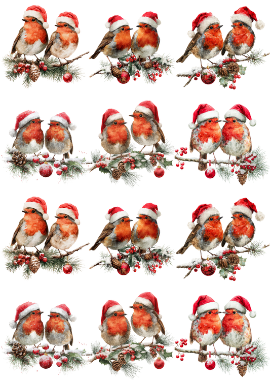 Rice Paper For Decoupage Red Robin In Christmas Hat Collage Cat. No. 5135