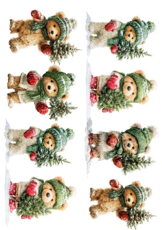 Rice Paper for Decoupage Teddy Bear in a Hat with a Christmas Tree Cat. No. 5156