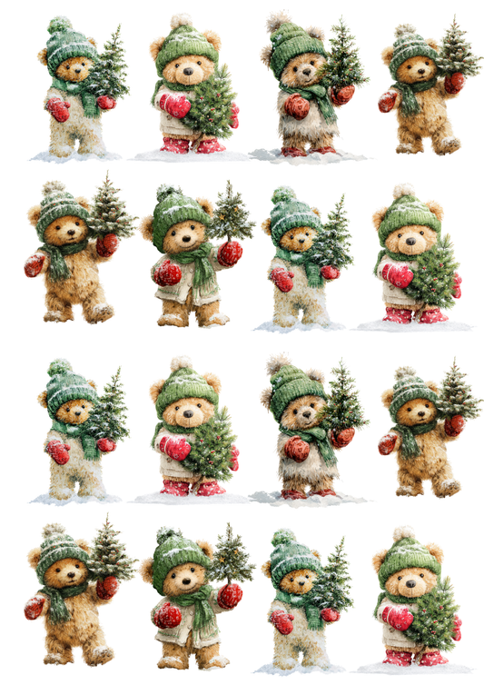 Rice Paper for Decoupage Teddy Bear in a Hat with a Christmas Tree Cat. No. 5157