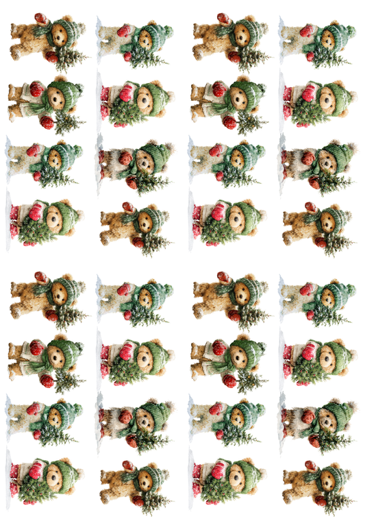 Rice Paper for Decoupage Teddy Bear in a Hat with a Christmas Tree Collage Cat. No. 5158