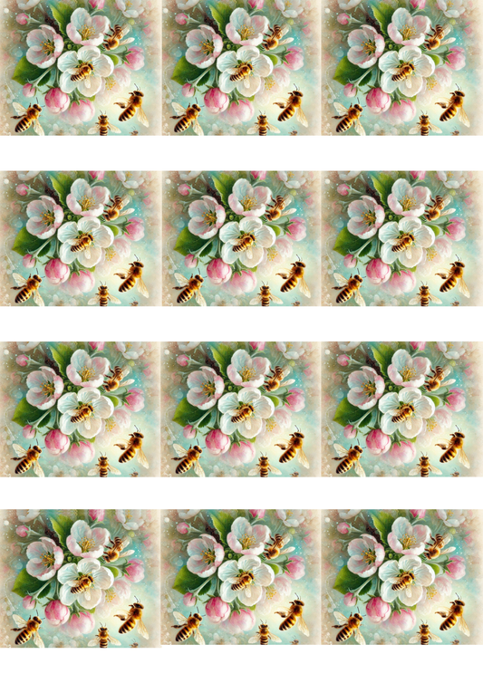 Rice Paper For Decoupage Bees On A Blooming Apple Tree 4 Collage Cat No. 5170