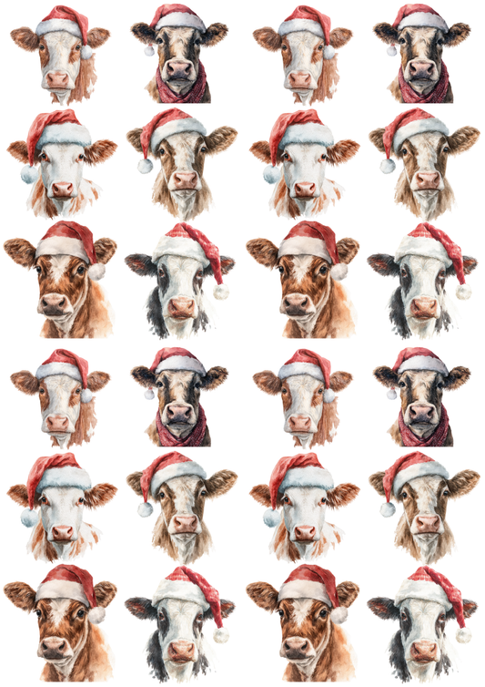 Rice Paper Decoupage Highland Cow in Christmas Hat Collage Cat. No. 5212