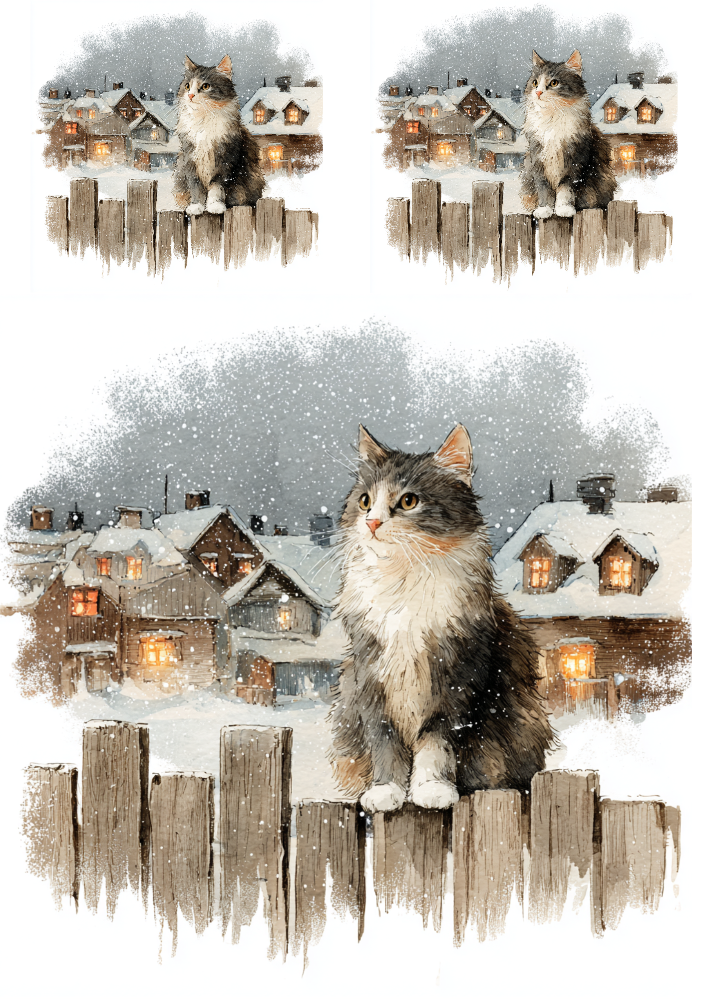 Rice Paper For Decoupage Cat On A Fence In Winter Collage Cat. No. 5228