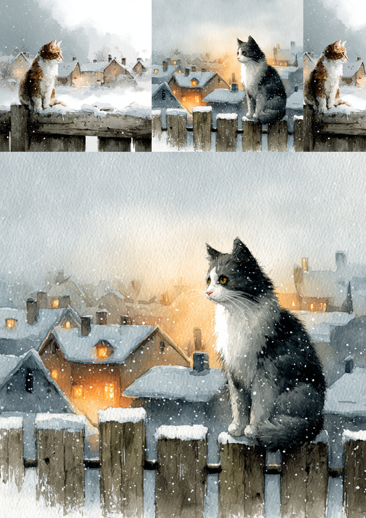Rice Paper For Decoupage Cat On A Fence In Winter Collage Cat. No. 5230