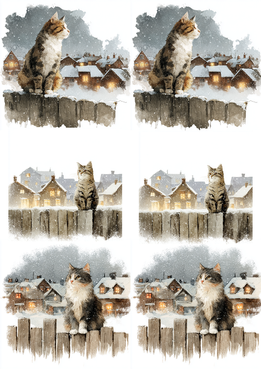Rice Paper For Decoupage Cat On A Fence In Winter Collage Cat. No. 5231