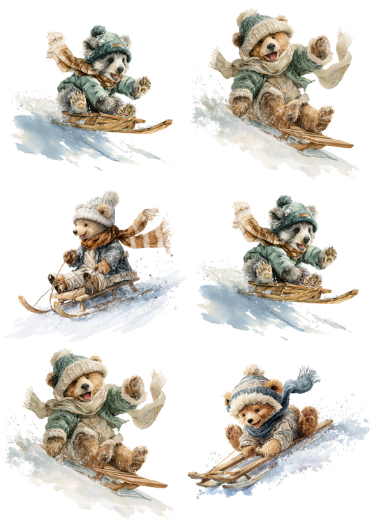 Rice Paper For Decoupage Teddy Bear Sledding Down the Hill Collage Cat. No. 5244