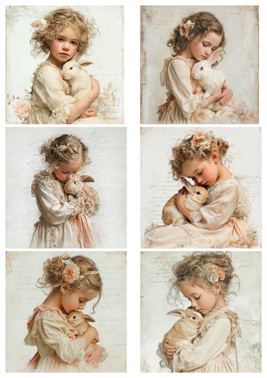 Rice Paper For Decoupage Girl With Bunny Collage Cat. No. 5249