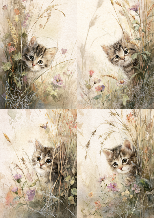 Rice Paper For Decoupage Little Kitten On A Wild Meadow Collage Cat. No. 5256