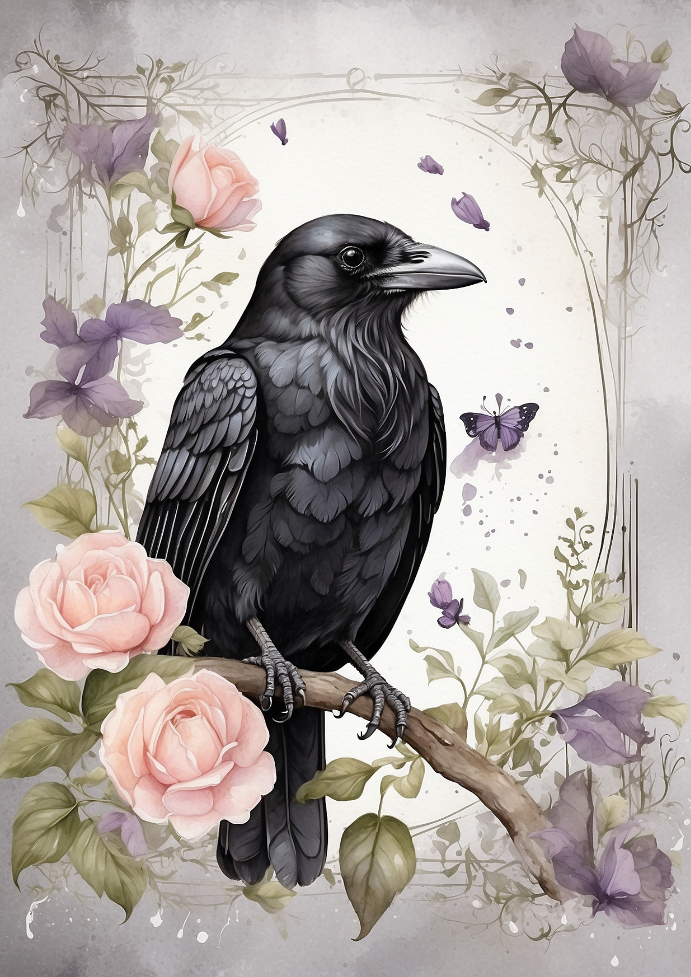 Rice Paper for Decoupage Raven and Roses Background for Journaling Full Cat. No. 5297