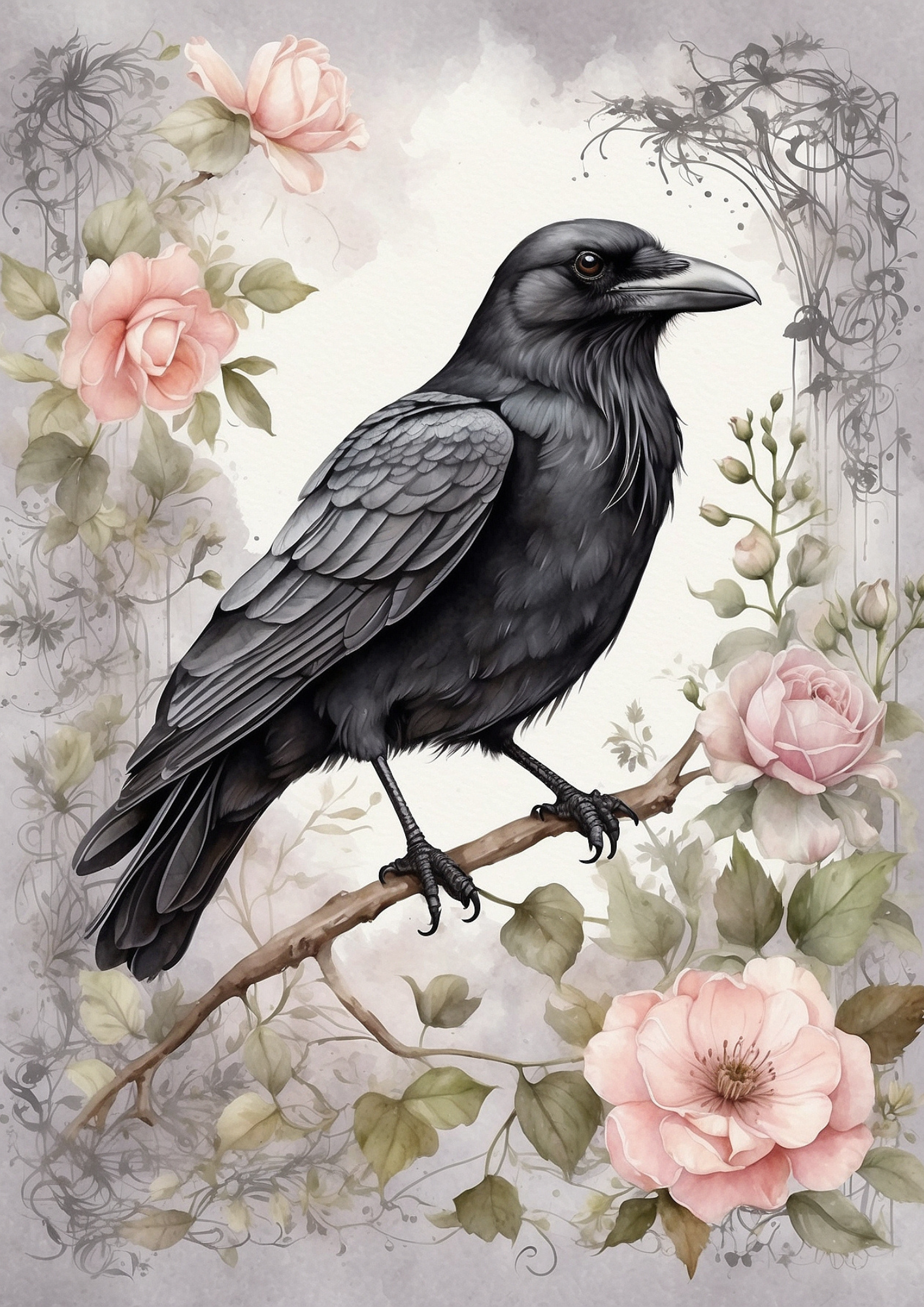 Rice Paper for Decoupage Raven and Roses Background for Journaling Full Cat. No. 5300