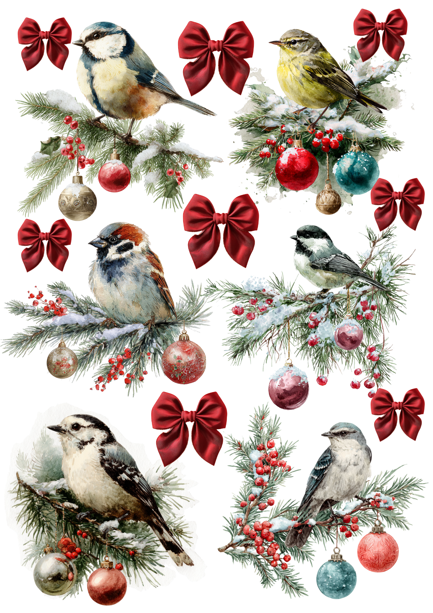 Rice Paper For Decoupage Birds With Christmas Tree Bauble Collage Cat. No. 5364