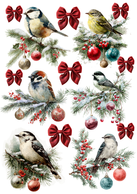 Rice Paper For Decoupage Birds With Christmas Tree Bauble Collage Cat. No. 5364