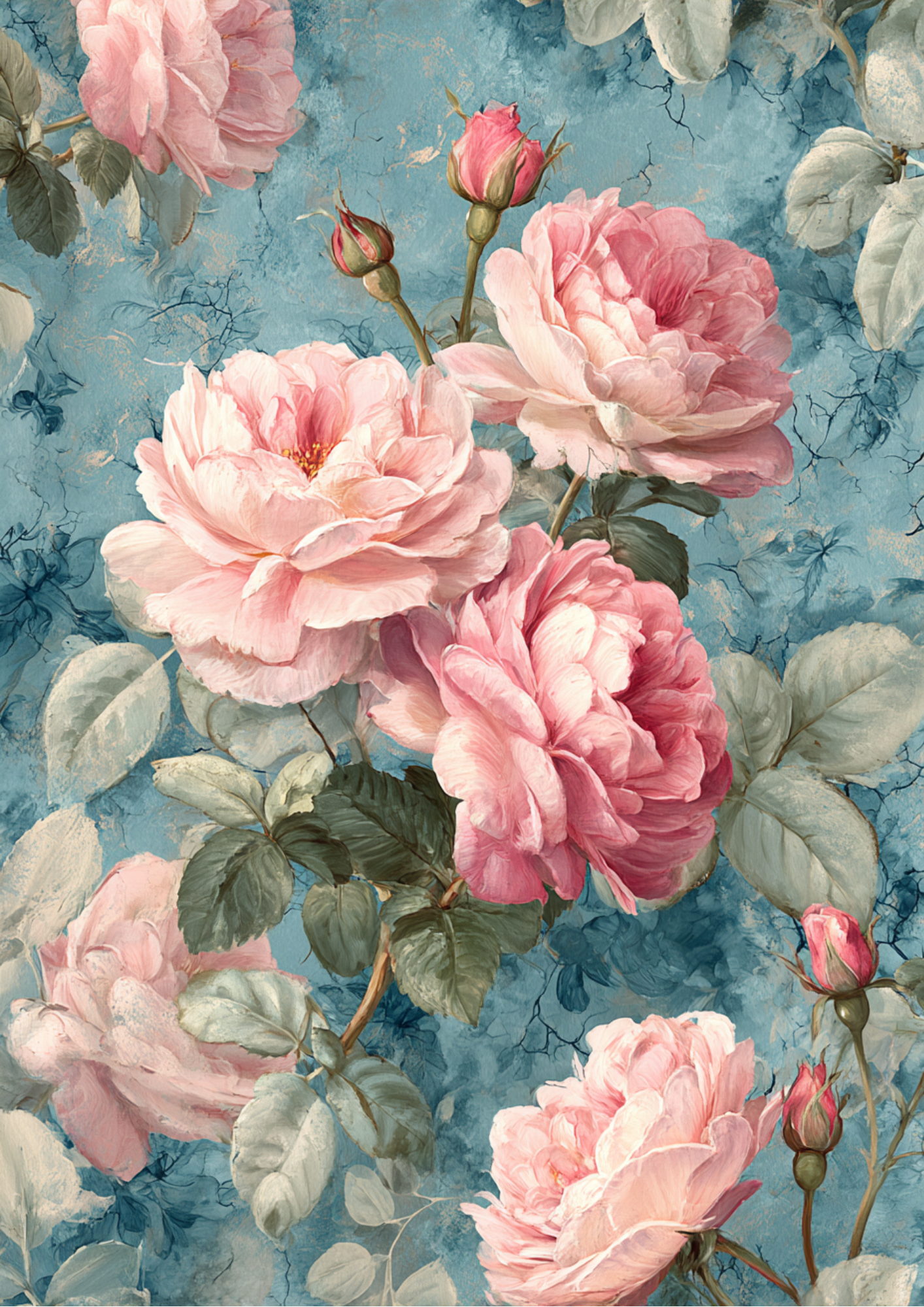 Rice Paper For Decoupage Vintage Roses Background on Blue Full Cat. No. 5376