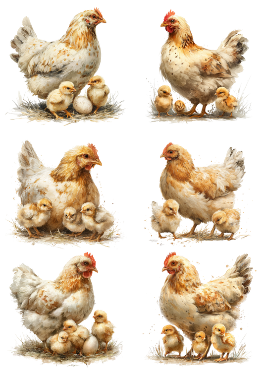 Rice Paper for Decoupage Hen with Chickens Collage Cat. No 5386