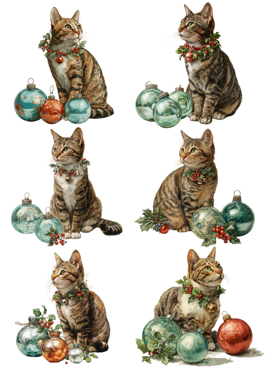 Rice Paper For Decoupage Cat With Christmas Baubles Collage Cat. No. 5478