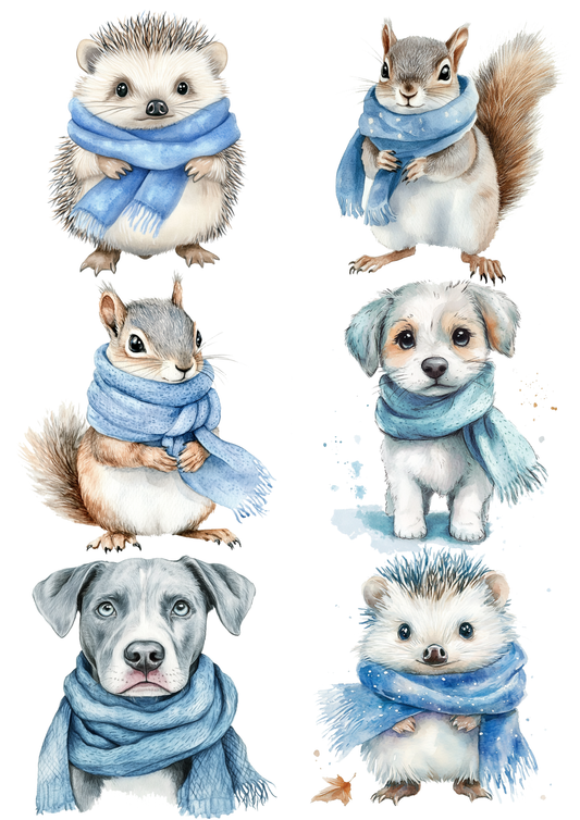 Rice Paper For Decoupage Various Animals In A Scarf Collage Cat. No. 5560