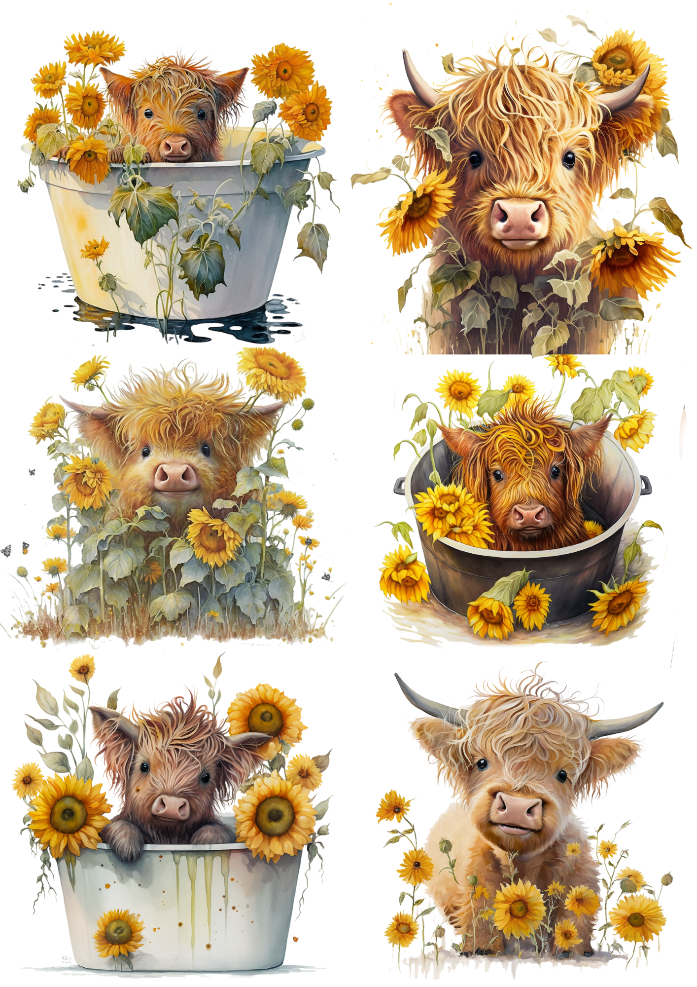 Rice Paper For Decoupage Young Highland Cow Collage Cat. No. 5582