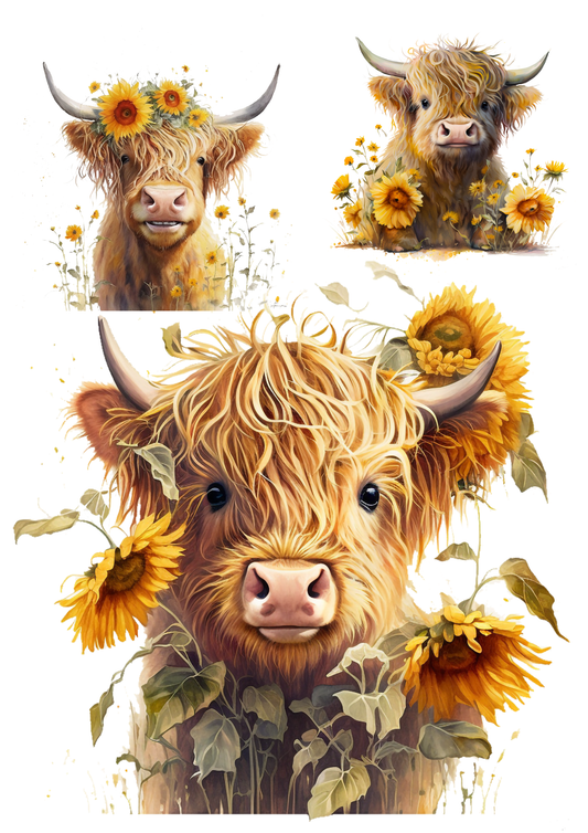 Rice Paper For Decoupage Young Highland Cow Collage Cat. No. 5583