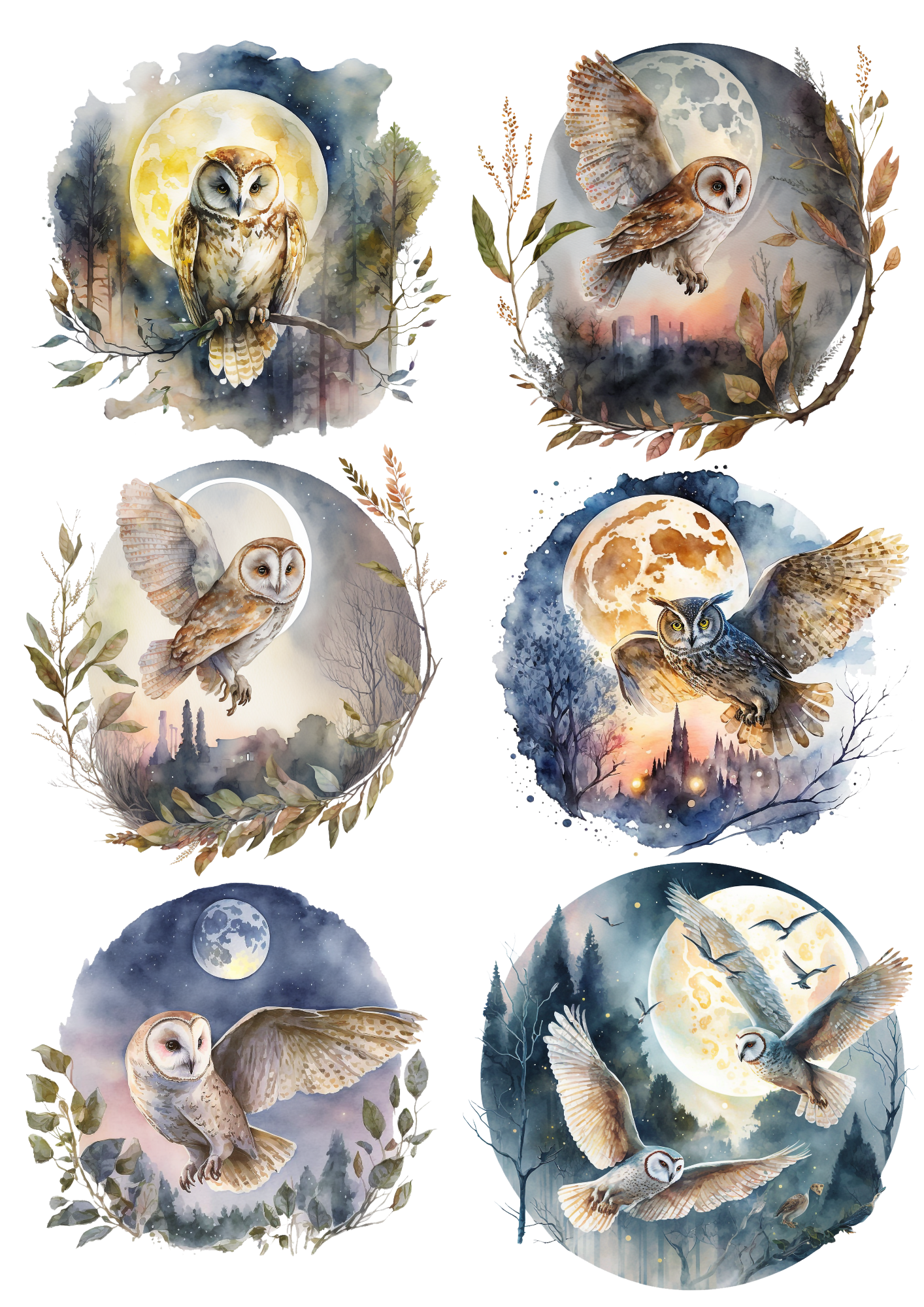 Rice Paper For Decoupage Owls In Circles Collage Cat. No. 5600