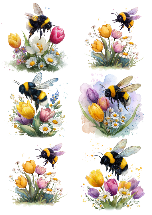 Rice Paper For Decoupage Bumblebee Over Flowers Collage Cat. No. 5635