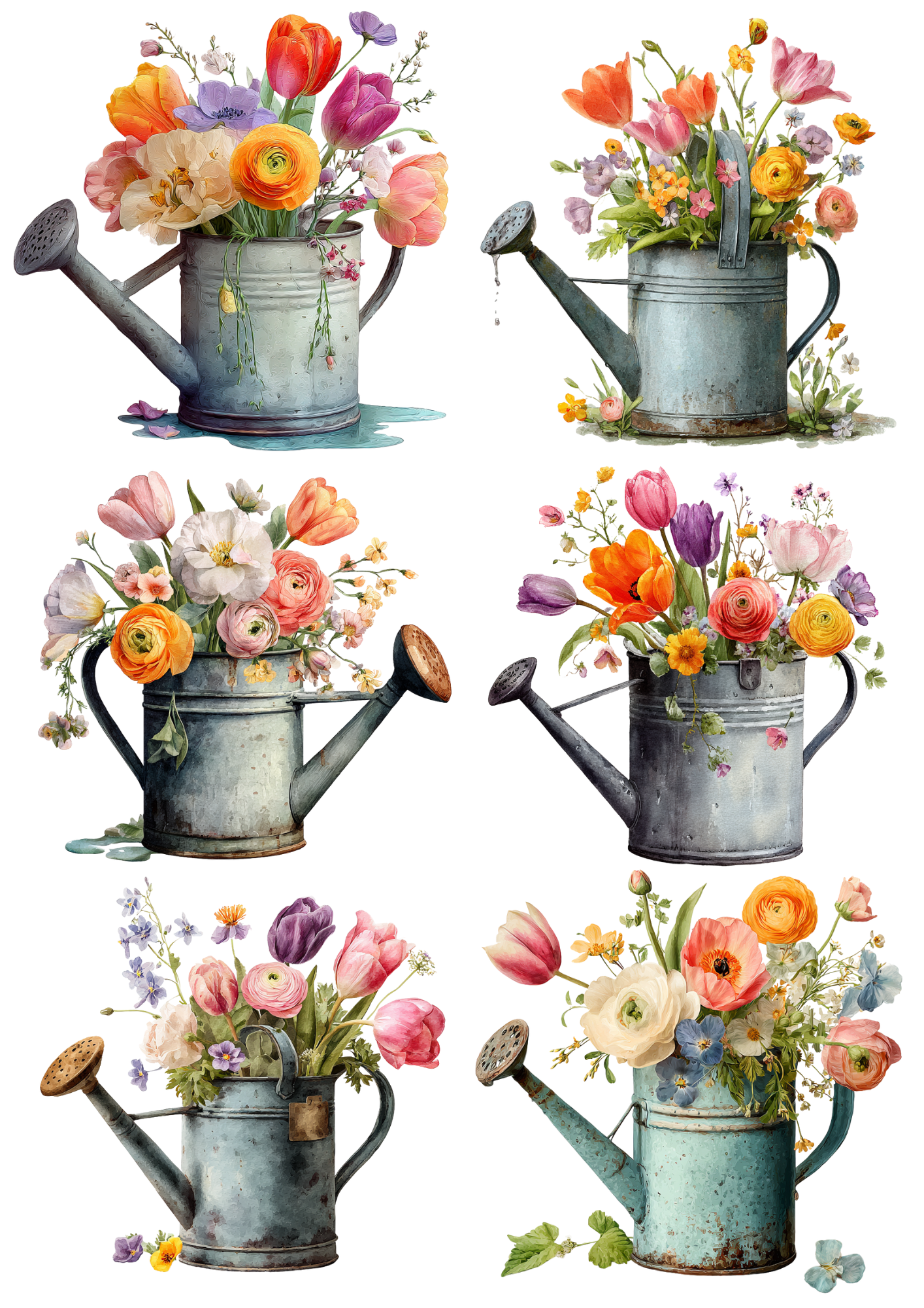 Rice Paper For Decoupage Watering Can In Flowers Collage Cat. No. 5639