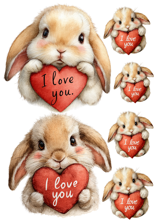 Rice Paper for Decoupage Bunny with Valentine's Day Heart Collage Cat. No. 5643