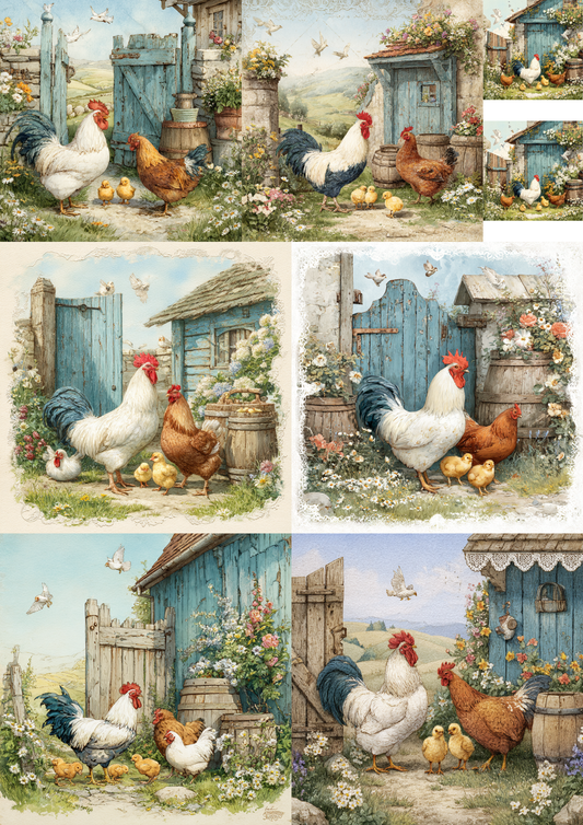 Rice Paper For Decoupage Chicken Farm Collage Cat. No. 5649