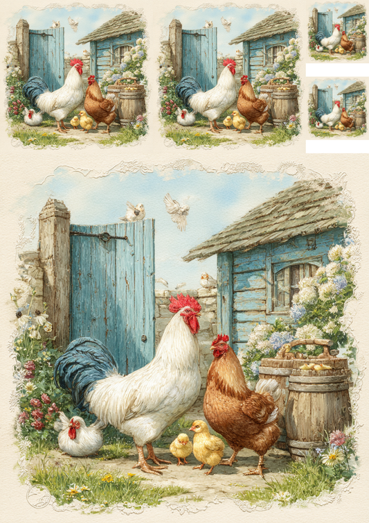Rice Paper For Decoupage Chicken Farm Collage Cat. No. 5650