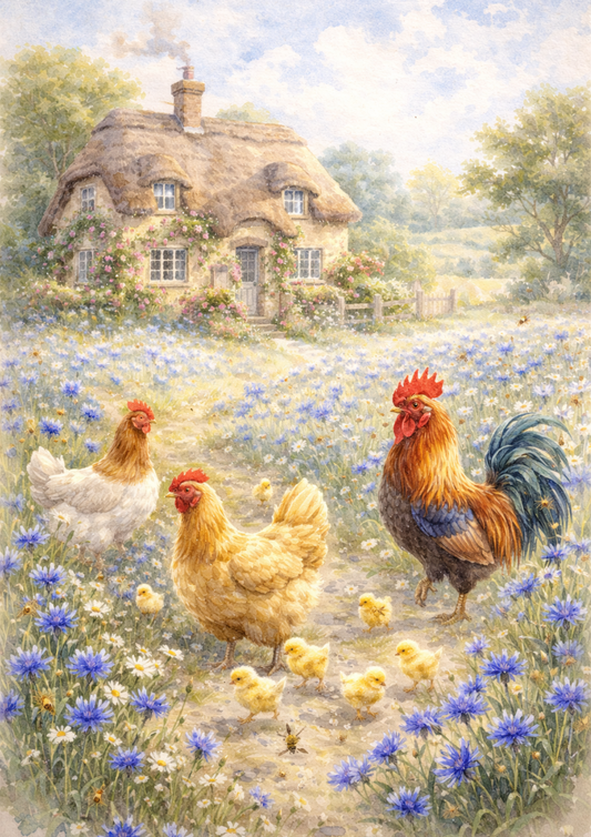 Rice Paper For Decoupage Rooster And Hens In A Meadow Full Of Cat. No. 5691