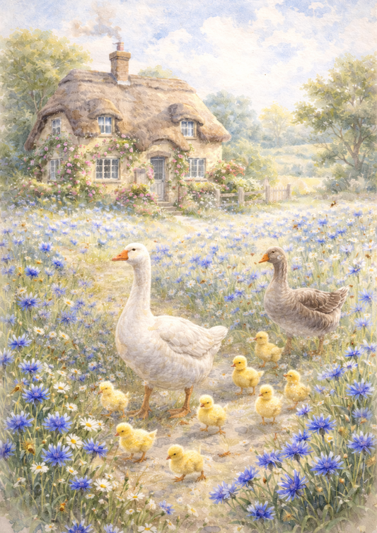 Rice Paper For Decoupage Geese With Young Geese in a Meadow Full of Cat. No. 5692