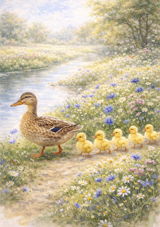 Rice Paper For Decoupage Geese With Young Geese in a Meadow Full of Cat. No. 5694