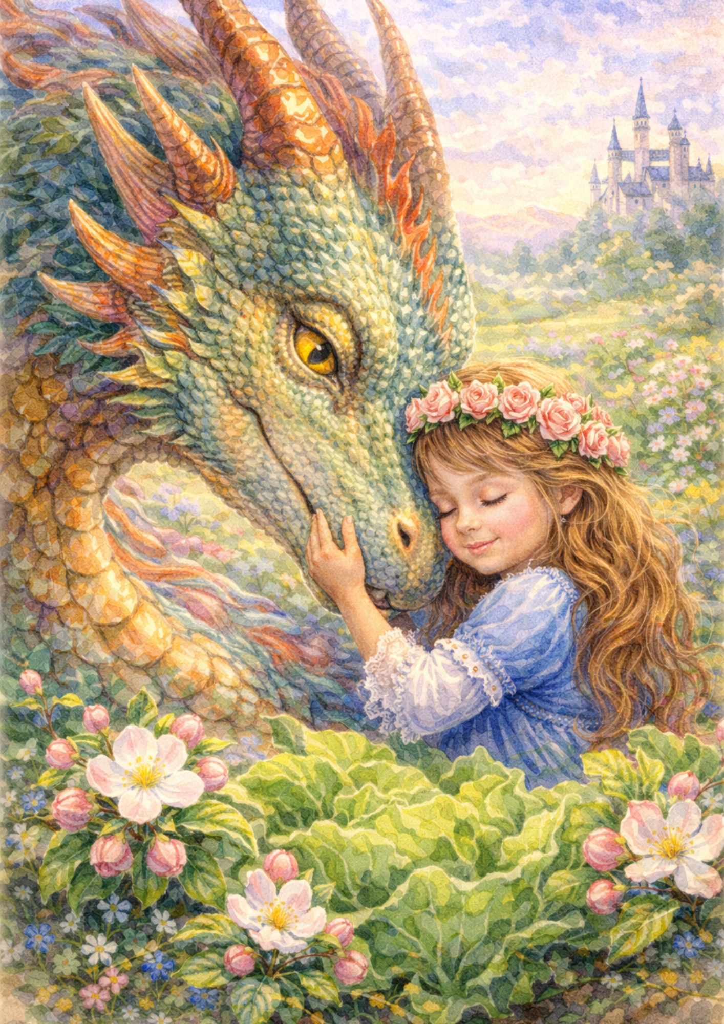 Rice Paper For Decoupage Girl and Dragon in Flowers Full Cat. No. 5706