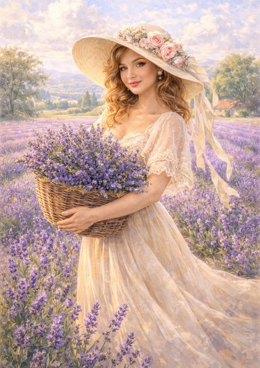 Rice Paper For Decoupage Woman With Basket of Lavender Full Cat. No. 5722