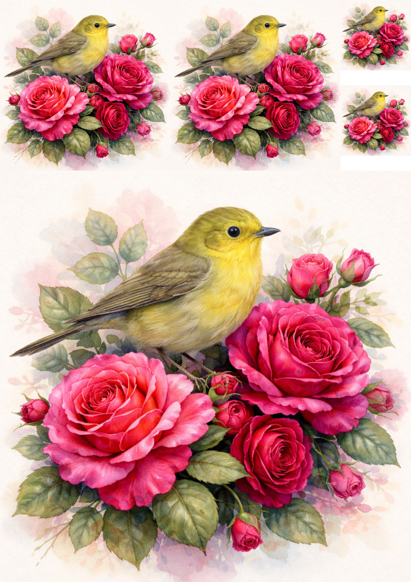 Rice Paper For Decoupage Bird on Roses Collage Cat. No. 5739