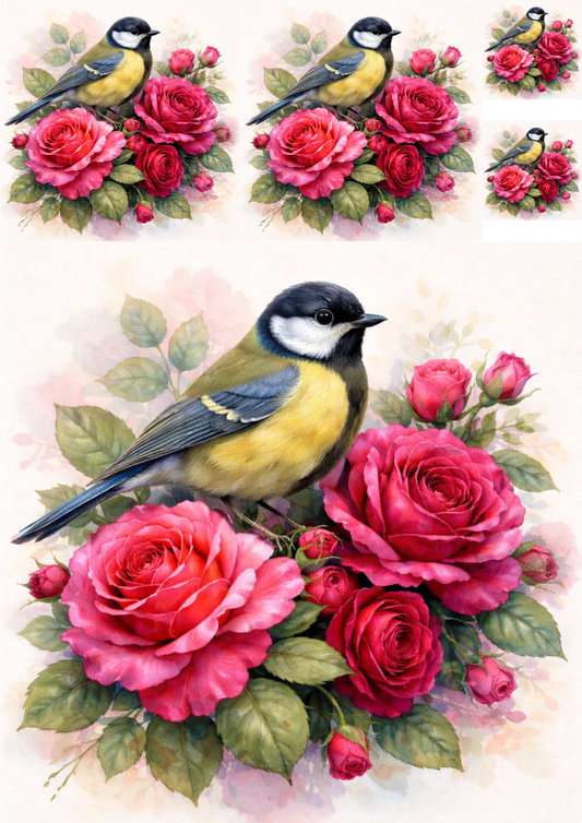 Rice Paper For Decoupage Blue Tit on Roses Collage Cat. No. 5741