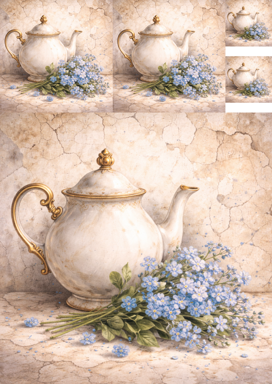 Rice Paper for Decoupage Tea Set in Flowers Collage Cat. No. 5762