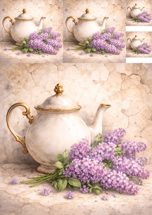 Rice Paper for Decoupage Tea Set in Flowers Collage Cat. No. 5763