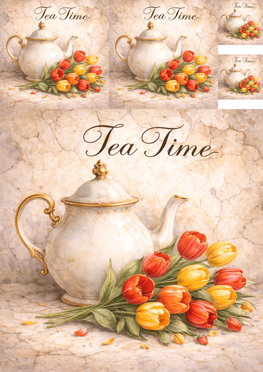 Rice Paper for Decoupage Tea Set in Flowers Collage Cat. No. 5766