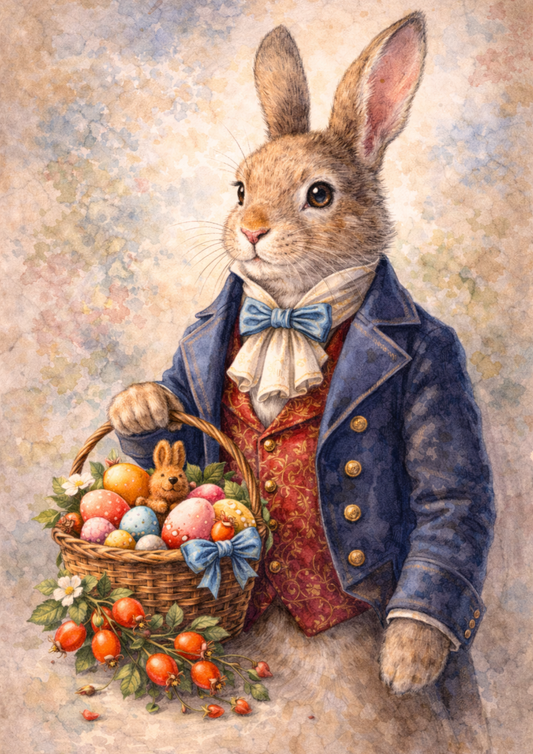 Rice Paper for Decoupage White Rabbit with a Basket of Easter Eggs Cat. No. 5773