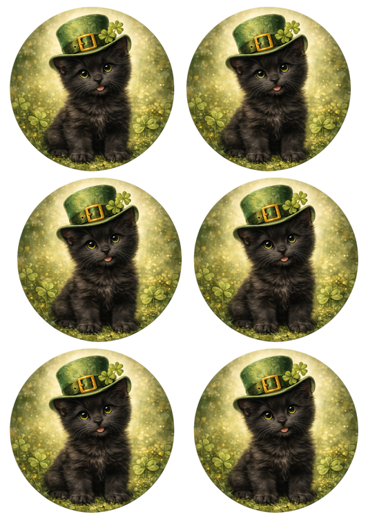 Rice Paper for Decoupage St. Patrick's Day Cat in a Hat with Rings Collage Cat. No. 8345