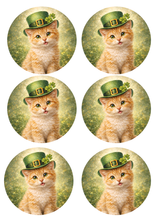 Rice Paper for Decoupage St. Patrick's Day Cat in a Hat with Rings Collage Cat. No. 8346