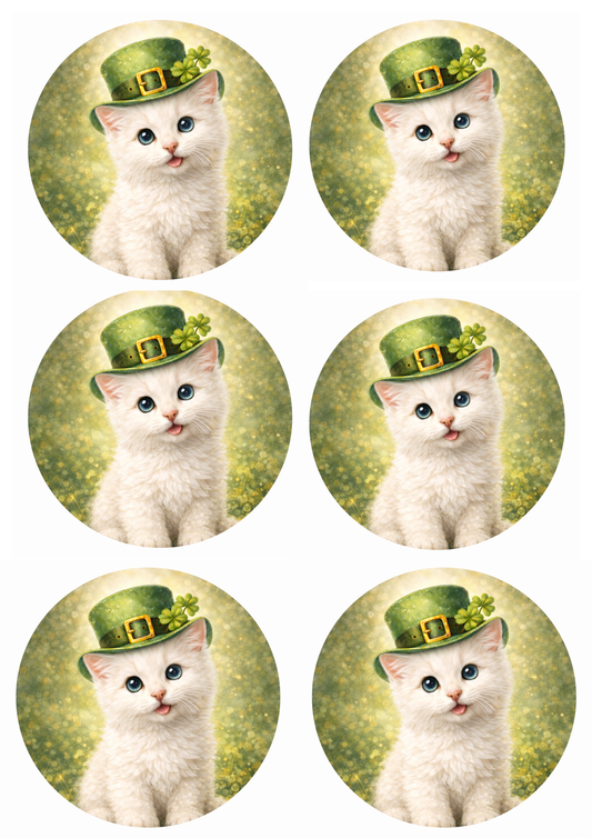 Rice Paper for Decoupage St. Patrick's Day Cat in a Hat with Rings Collage Cat. No. 8347