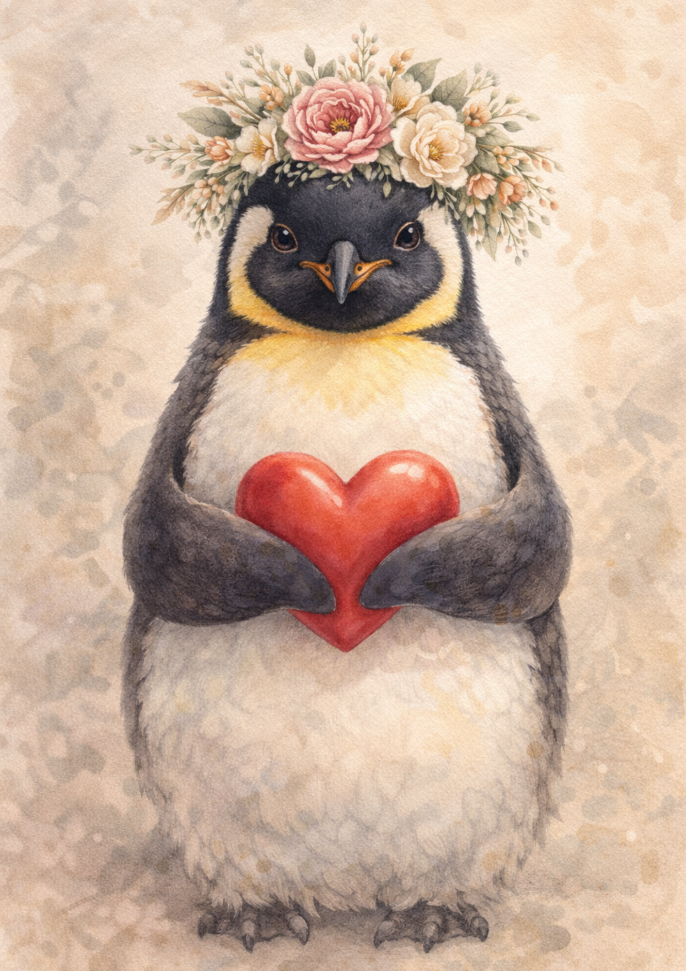 Rice Paper For Decoupage Penguin In A Wreath Holding A Heart Full Cat. No. 8413