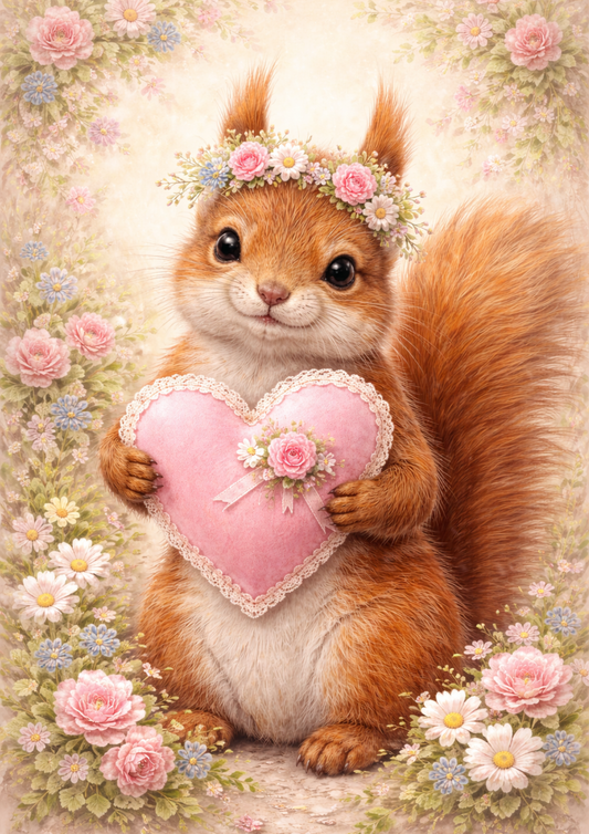 Rice Paper For Decoupage Squirrel Holding a Heart Full Cat. No. 8428