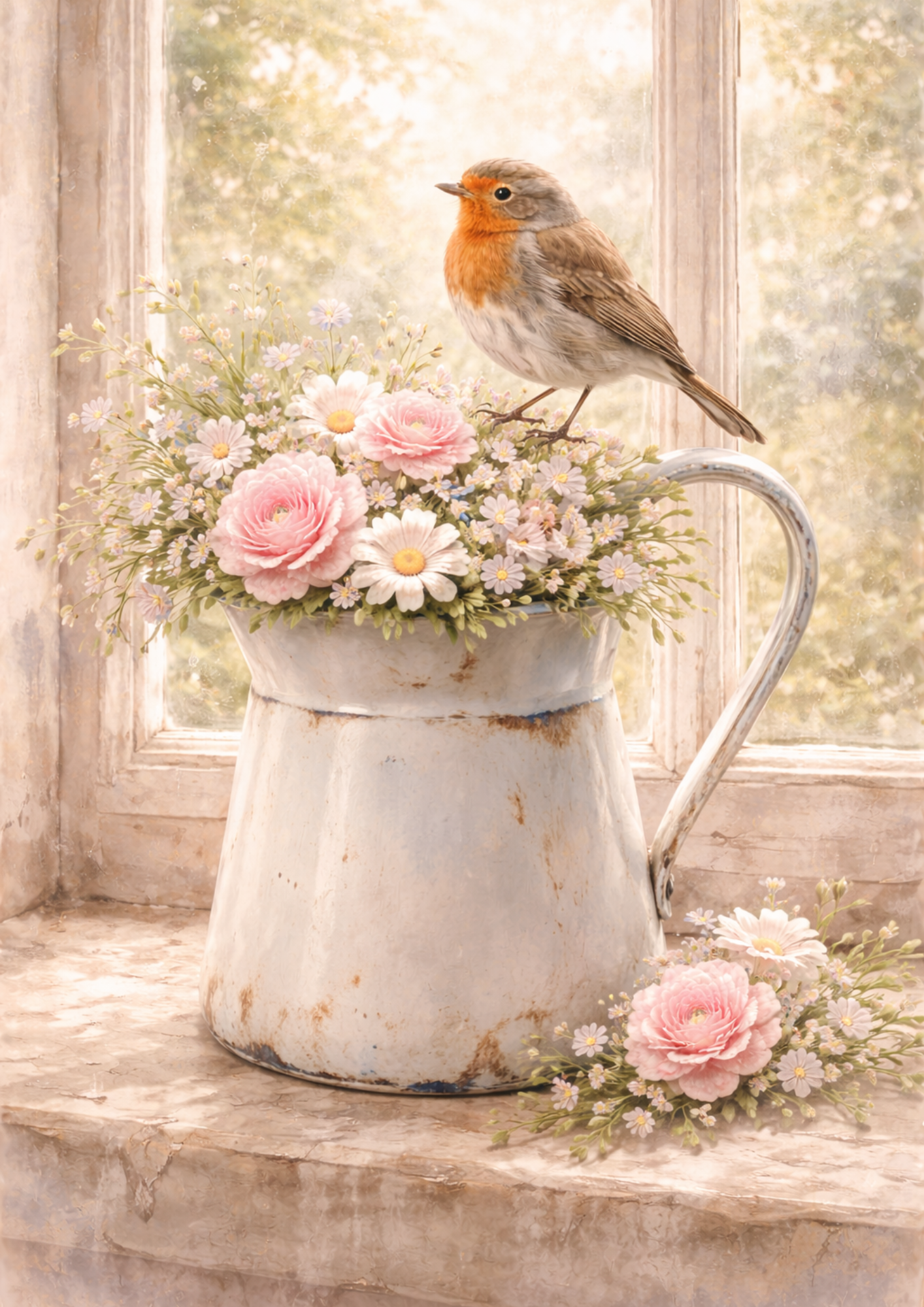 Rice Paper For Decoupage Red Robin On Flowers Full Cat. No. 8433