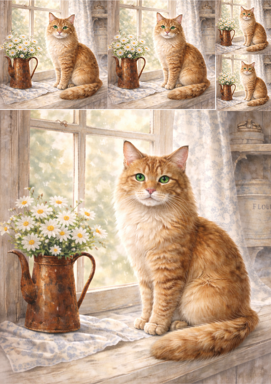 Rice Paper For Decoupage Cat On The Windowsill Collage Cat. No. 8451
