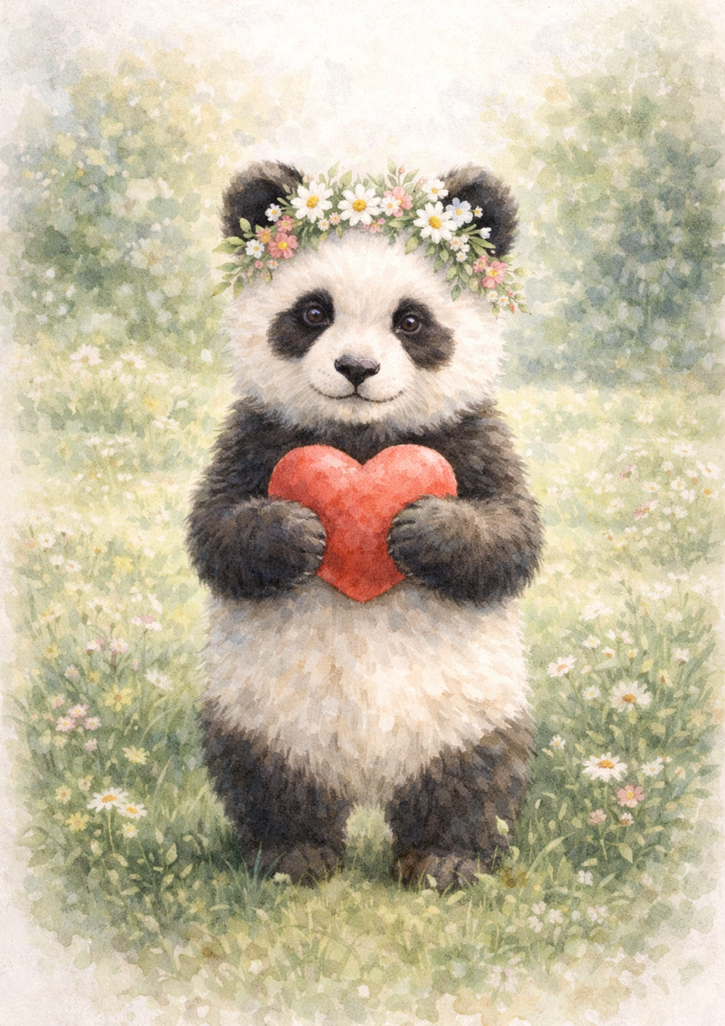 Rice Paper For Decoupage Panda In A Wreath Holding A Heart Full Cat. No. 8452